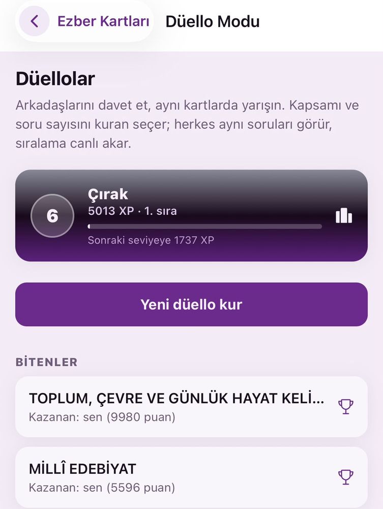 Düello Modu: seviye kartı ve biten düellolar