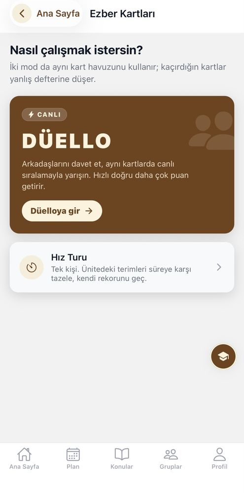 Ezber Kartları: Hız Turu ve Düello modu seçimi