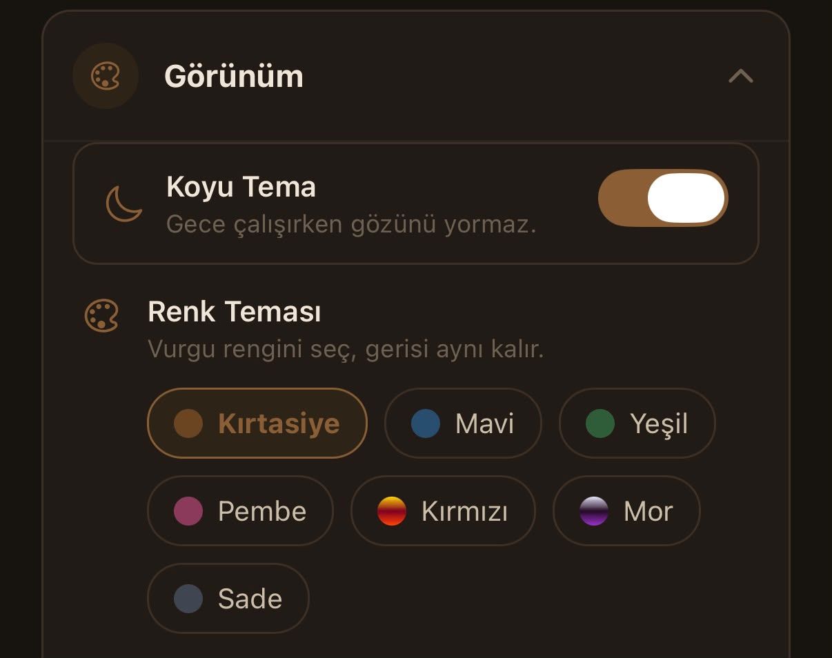 Ayarlar: koyu tema anahtarı ve renk temaları